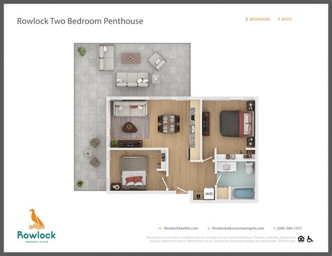 Floor plan for 2 beds, 1 bath, 643 sqft